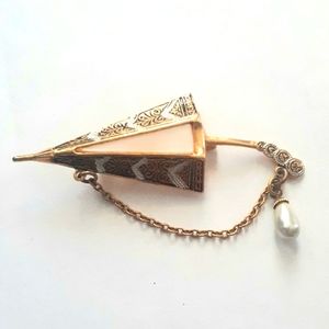 Vtg Damascene Spain Umbrella  Dangle  Teardrop Pearl Chain MOP Pin Brooch